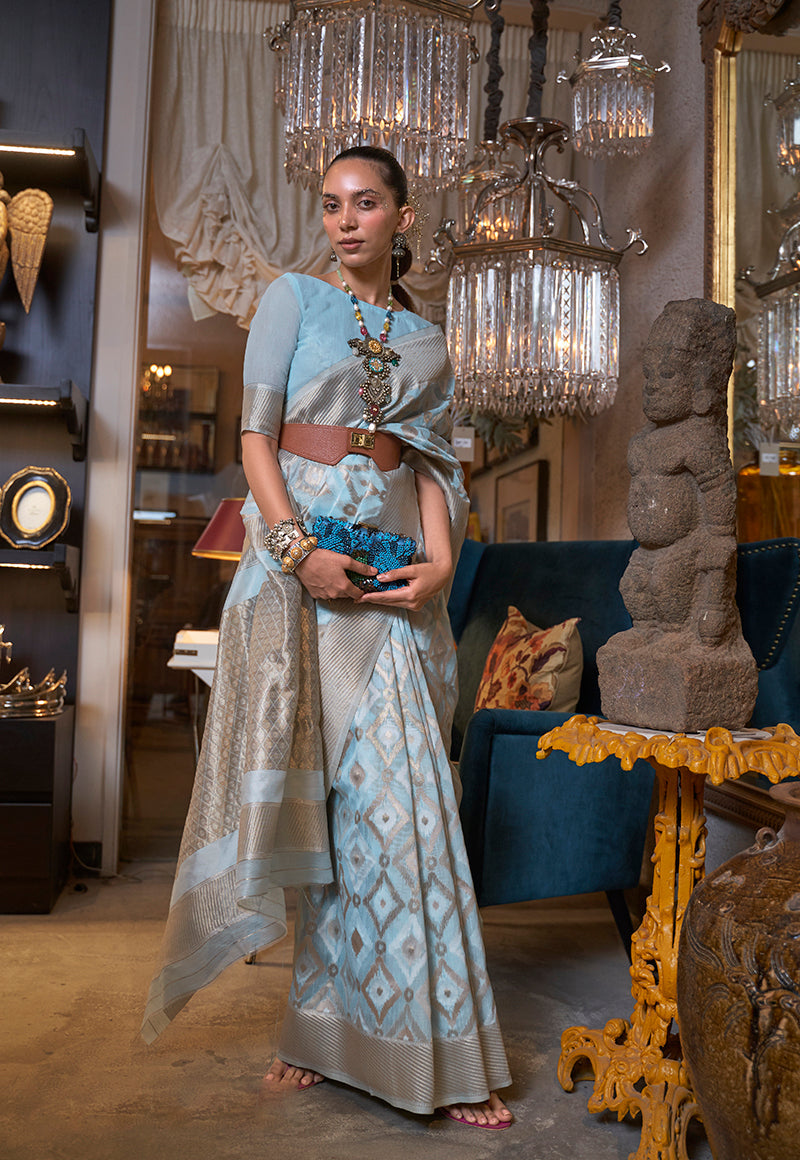 Monjolika Fashion Sky Blue Color Linen Trendy Saree With Blouse | Grocsy