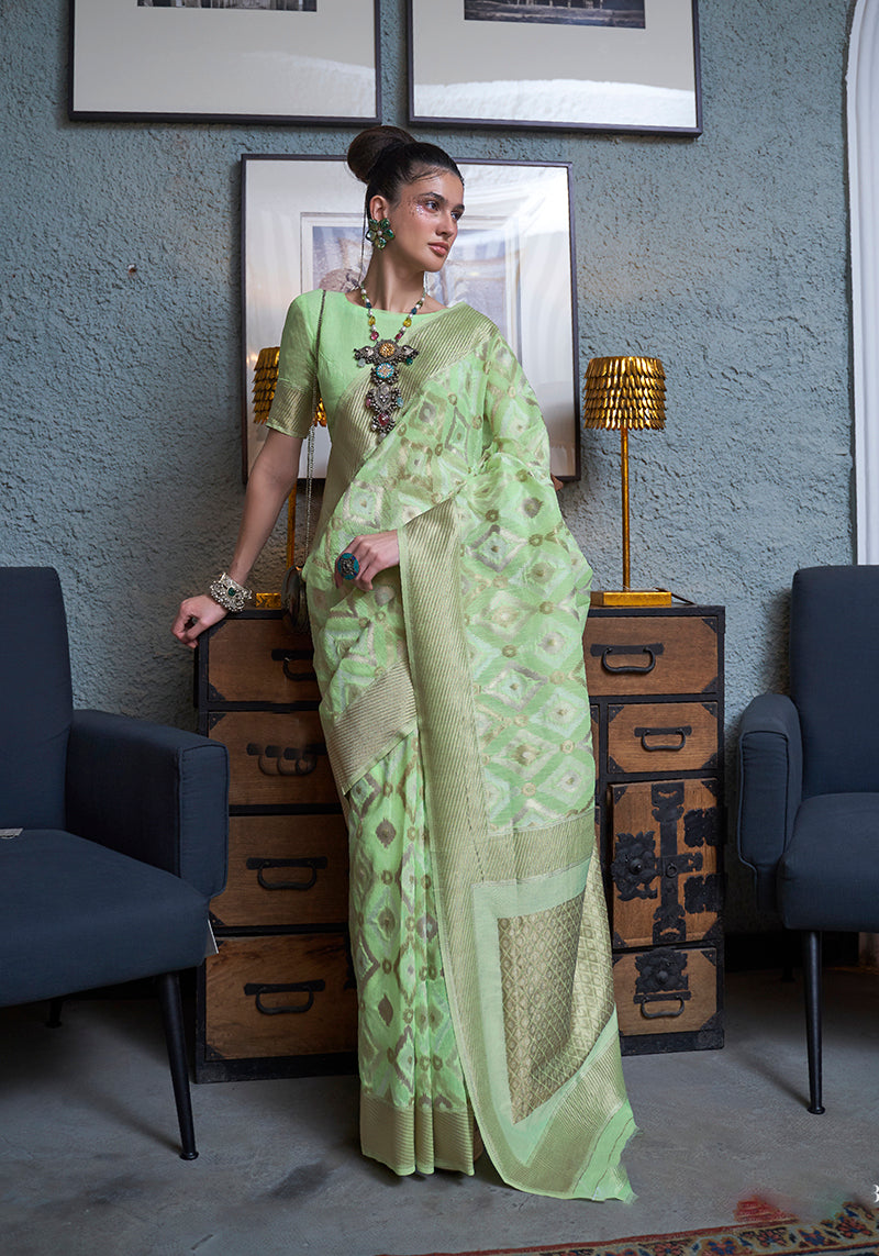 Monjolika Fashion Light Green Color Linen Trendy Saree With Blouse | Grocsy