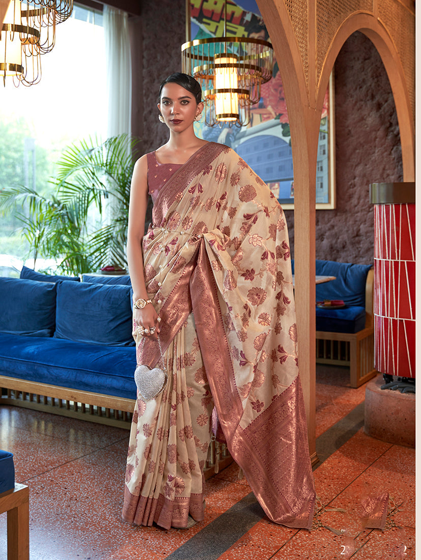 Monjolika Fashion Blush Pink Color Organza Weaving Print Saree | Grocsy