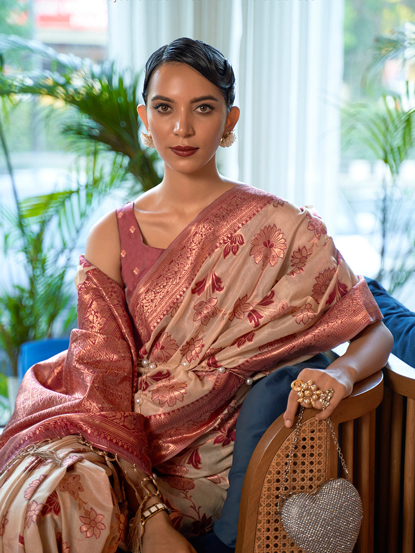 Monjolika Fashion Blush Pink Color Organza Weaving Print Saree | Grocsy
