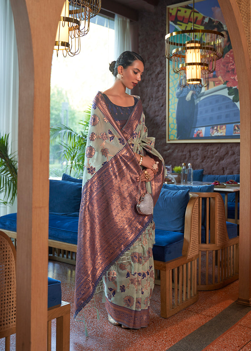 Monjolika Fashion Light Blue Color Organza Weaving Print Saree | Grocsy