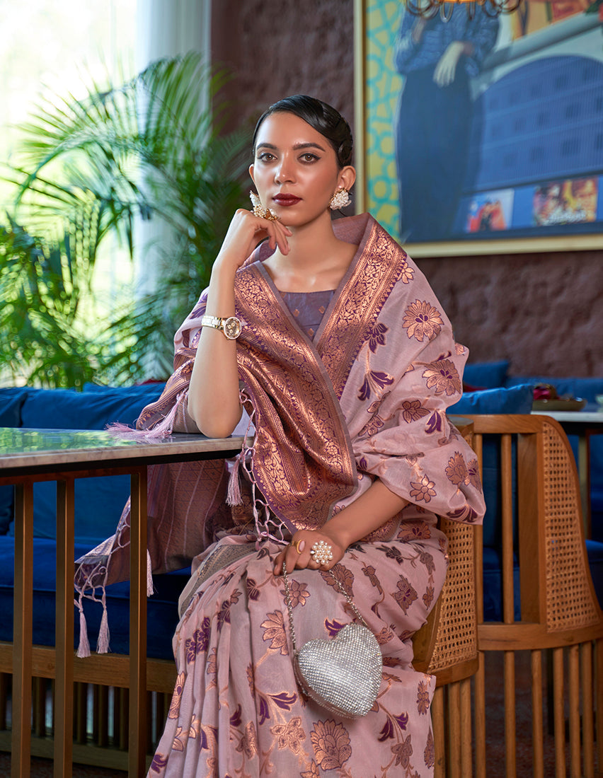 Monjolika Fashion Light Pink Color Organza Weaving Print Saree | Grocsy