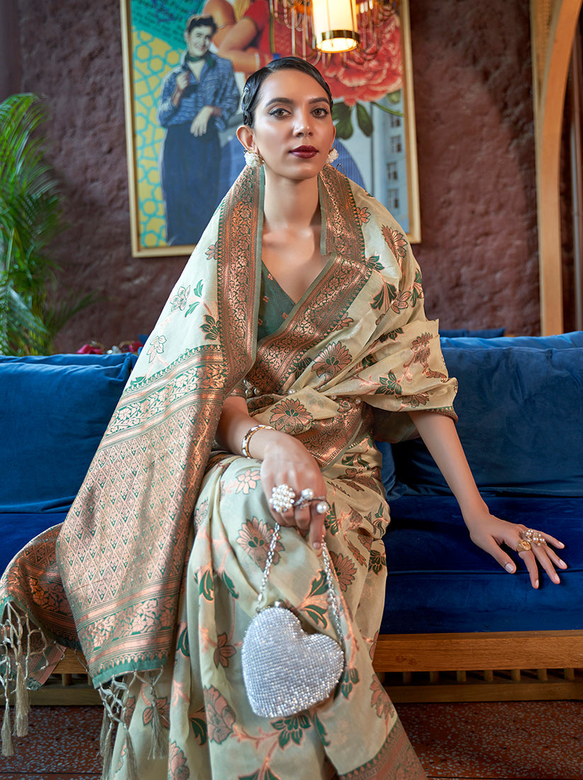 Monjolika Fashion Light Green Color Organza Weaving Print Saree | Grocsy
