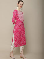 Sangria Women Pink & White Bandhani Printed Thread Work Kurta | Grocsy