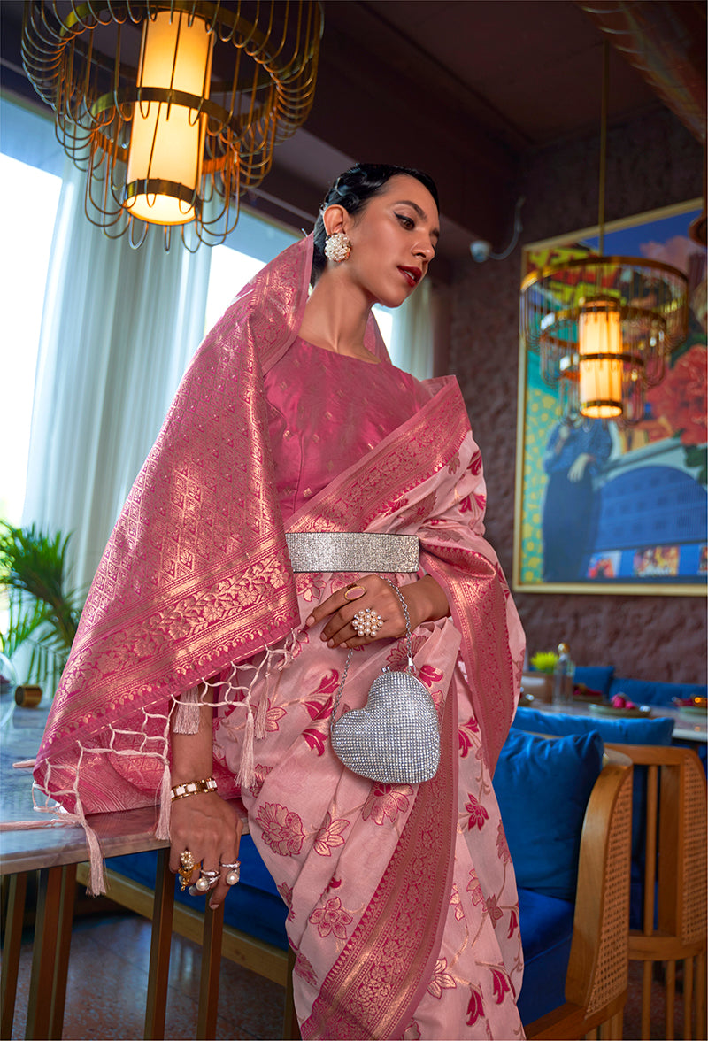 Monjolika Fashion Light Pink Color Organza Weaving Print Saree | Grocsy