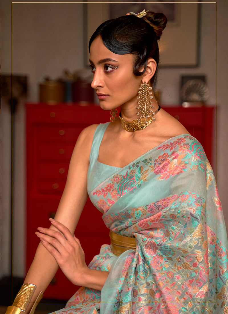 Monjolika Fashion Sky Blue Color Silk Printed Classic Saree | Grocsy