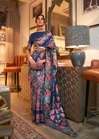 Monjolika Fashion Navy Blue Color Silk Printed Classic Saree | Grocsy