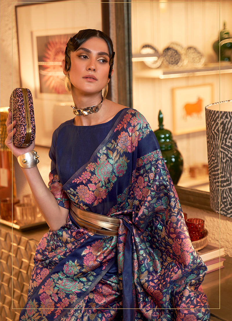 Monjolika Fashion Navy Blue Color Silk Printed Classic Saree | Grocsy