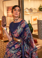 Monjolika Fashion Navy Blue Color Silk Printed Classic Saree | Grocsy