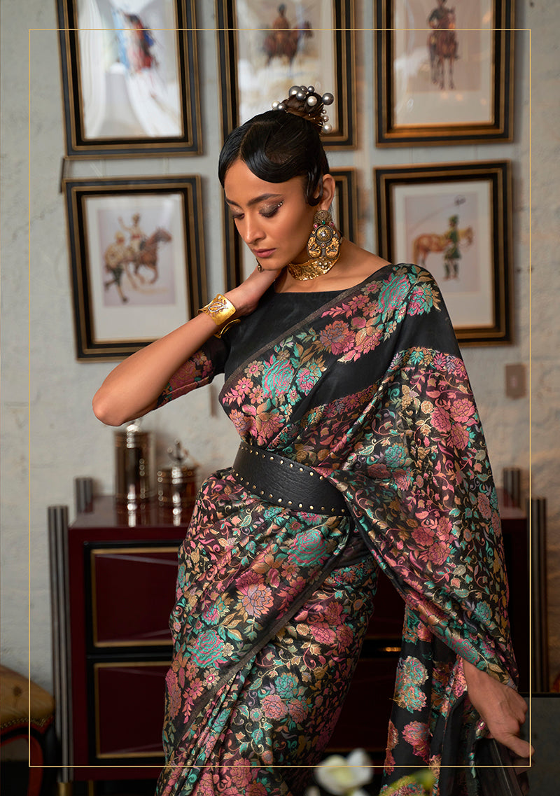 Monjolika Fashion Black Color Silk Printed Classic Saree | Grocsy