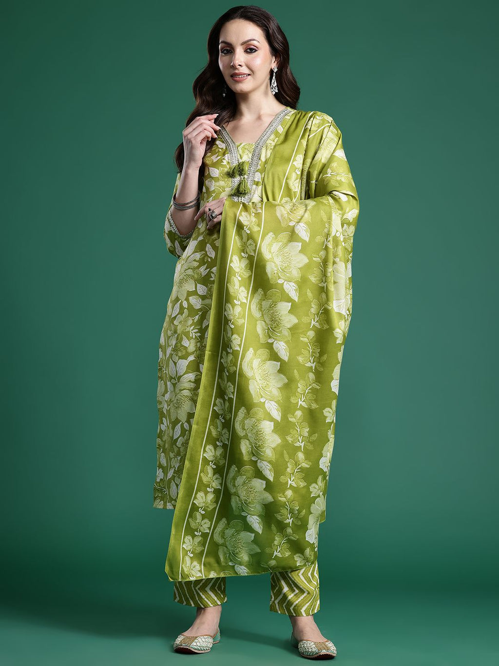 Indo Era Women Floral Printed Regular Beads and Stones Kurta with Trousers & With Dupatta | Grocsy