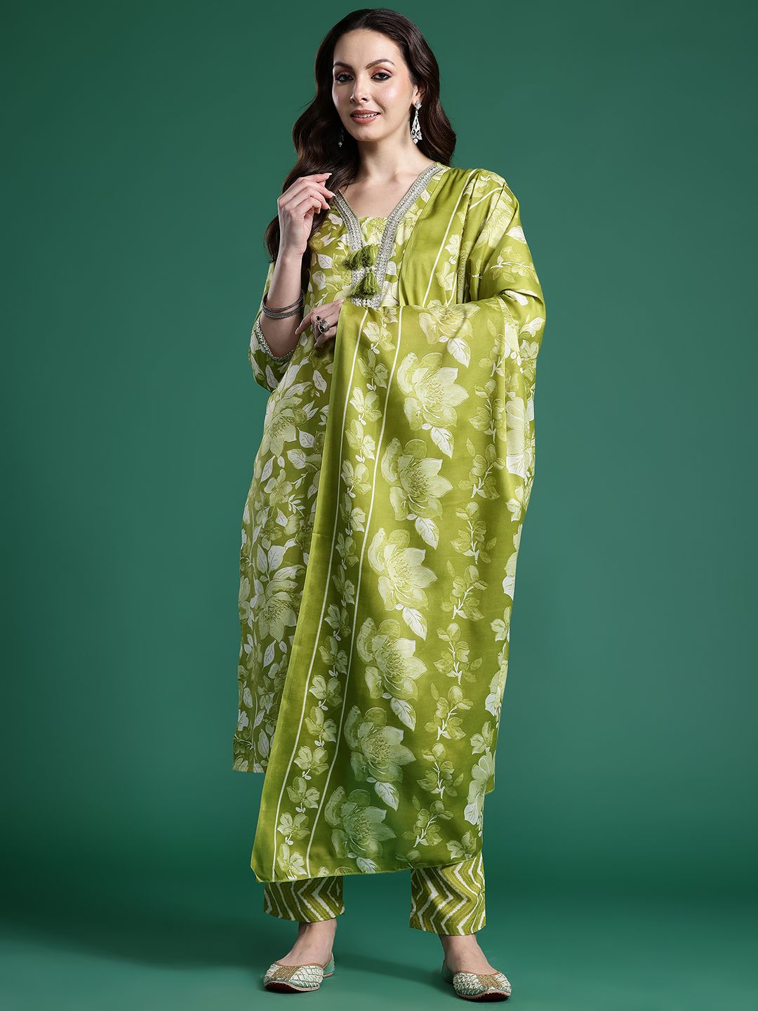 Indo Era Women Floral Printed Regular Beads and Stones Kurta with Trousers & With Dupatta | Grocsy