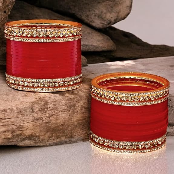 Tehzeeb Creations Bridal Bangle Set Wedding punjabi chuda, Designer chura CZ Stone Maroon Color Choora Set for Women | Grocsy