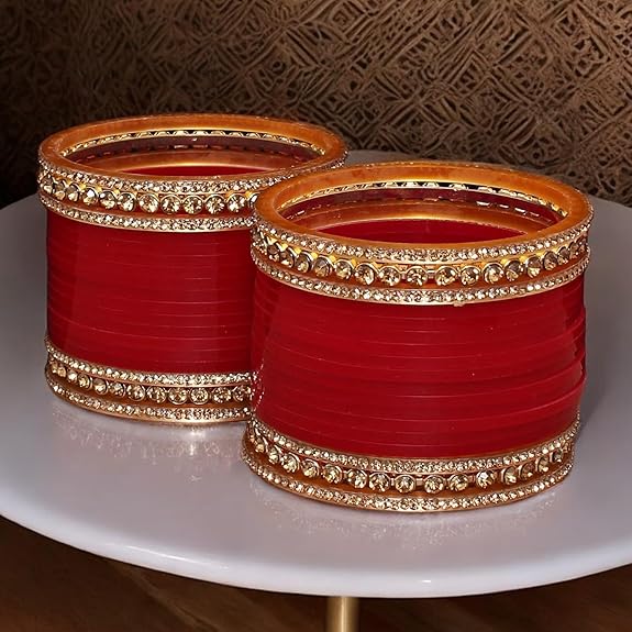 Tehzeeb Creations Bridal Bangle Set Wedding punjabi chuda, Designer chura CZ Stone Maroon Color Choora Set for Women | Grocsy