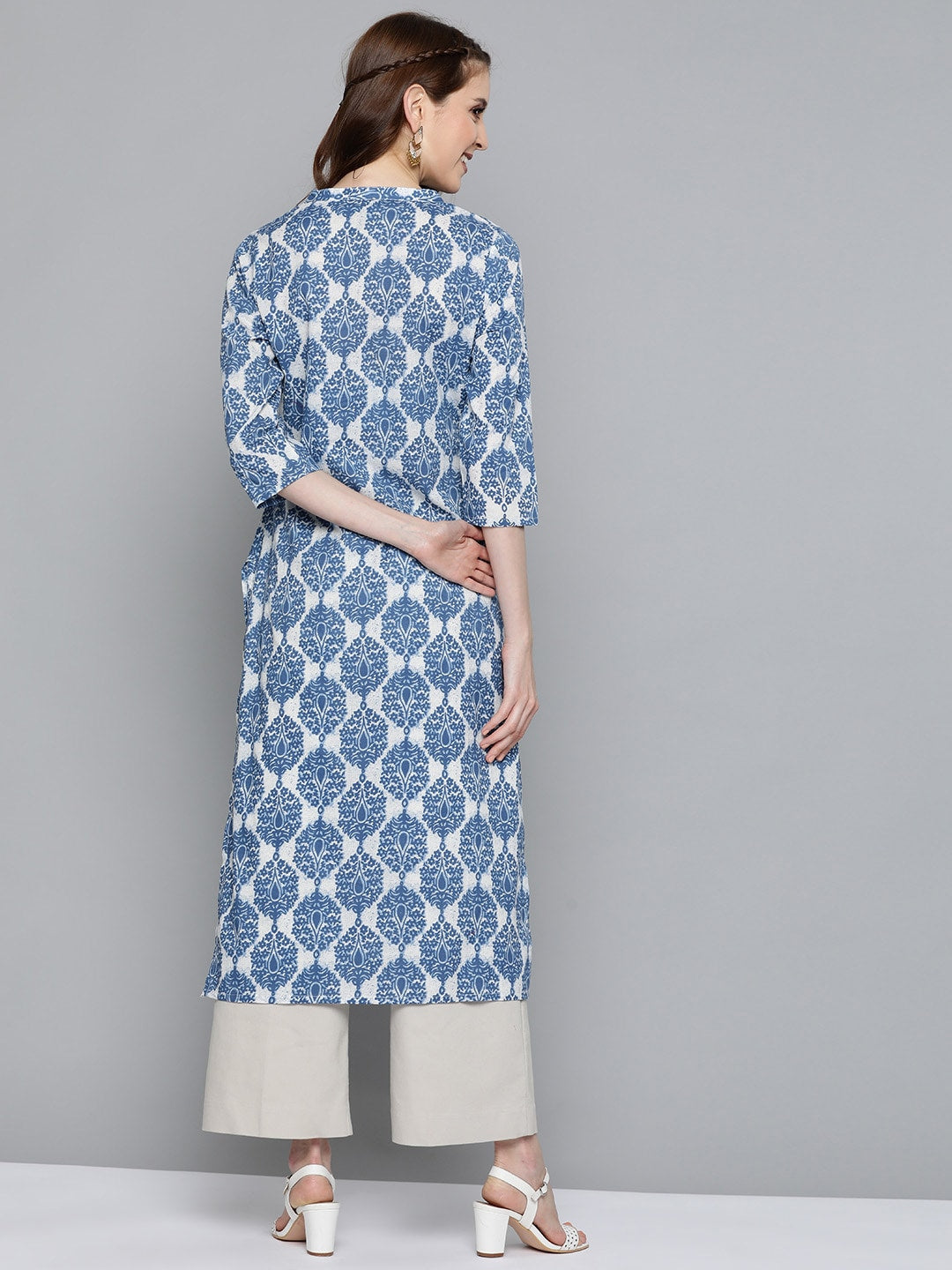 HERE&NOW Women Blue & White Printed Straight Kurta | Grocsy