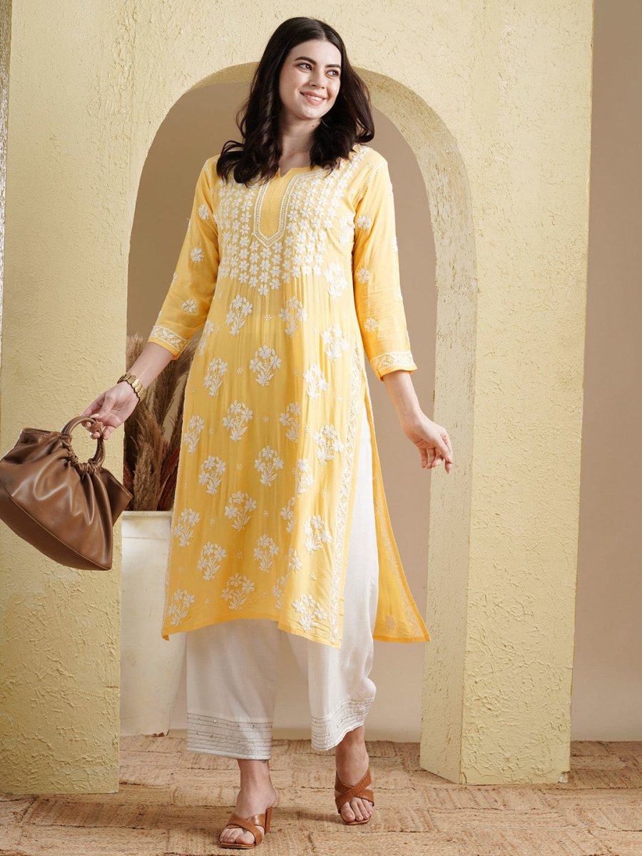ADA Floral Lucknowi Chikankari Straight Kurta | Grocsy