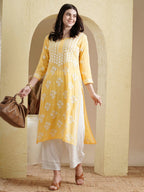 ADA Floral Lucknowi Chikankari Straight Kurta | Grocsy