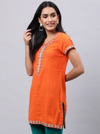Souchii Orange Floral Embroidered Mirror Work Mirror Work Kurti | Grocsy