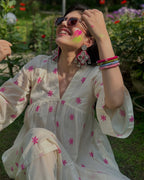 trueBrowns Off-White Cotton Floral Embroidered Flared Kurta Set | Grocsy