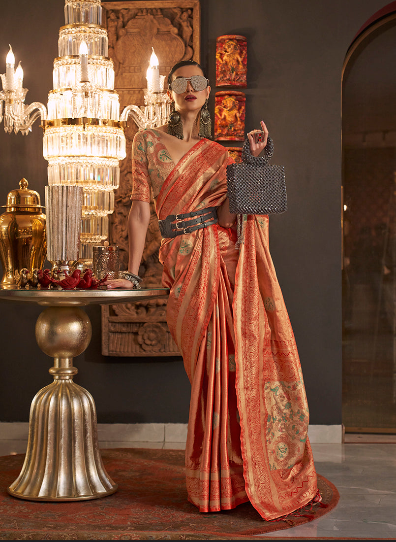 Monjolika Fashion Orange Color Silk Women'S Traditional Saree | Grocsy