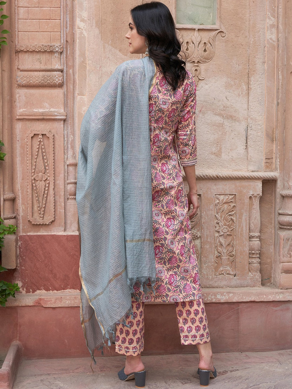 Sangria Peach-Coloured Ethnic Motifs Printed Pure Cotton Kurta with Trousers & Dupatta | Grocsy