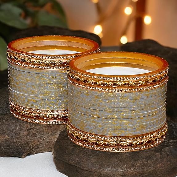 Tehzeeb Creations Bridal Bangle set Wedding Punjabi chuda Designer chura CZ Stone with Kundan Stone Grey Color choora | Grocsy