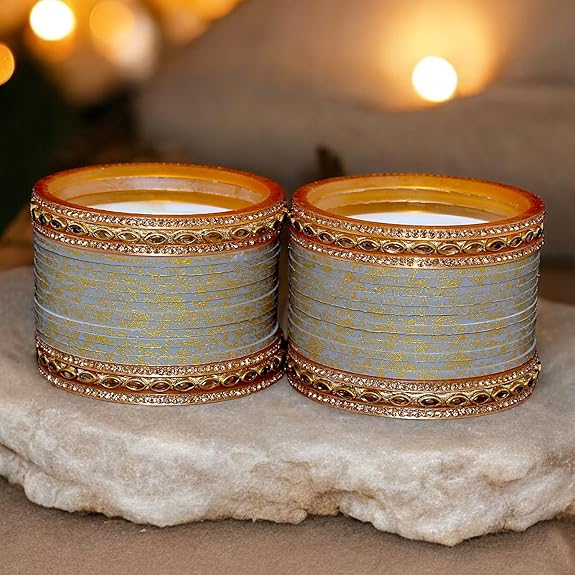 Tehzeeb Creations Bridal Bangle set Wedding Punjabi chuda Designer chura CZ Stone with Kundan Stone Grey Color choora | Grocsy
