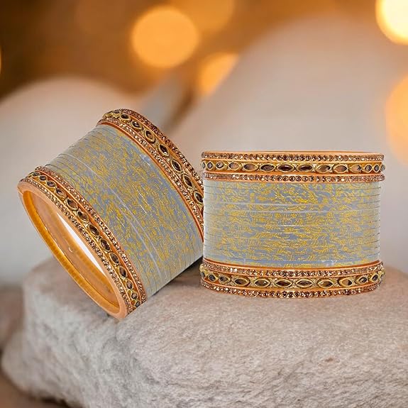 Tehzeeb Creations Bridal Bangle set Wedding Punjabi chuda Designer chura CZ Stone with Kundan Stone Grey Color choora | Grocsy