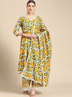 Sangria Women Yellow Floral Printed Lace Inserts Pure Cotton Kurta with Sharara & Dupatta | Grocsy