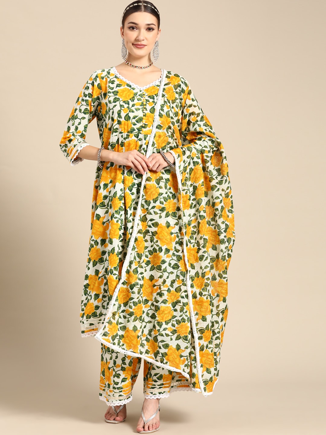 Sangria Women Yellow Floral Printed Lace Inserts Pure Cotton Kurta with Sharara & Dupatta | Grocsy