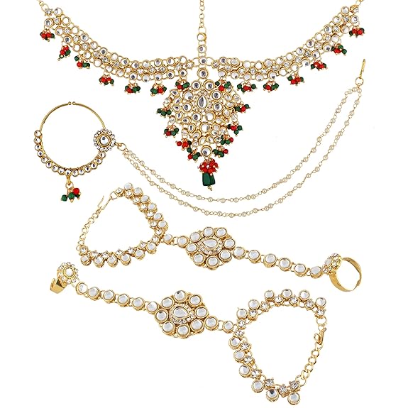 Tehzeeb Creations Traditional Gold-Polished Designer Multi Color Dulhan Choker Kundan Bridal Set | Grocsy