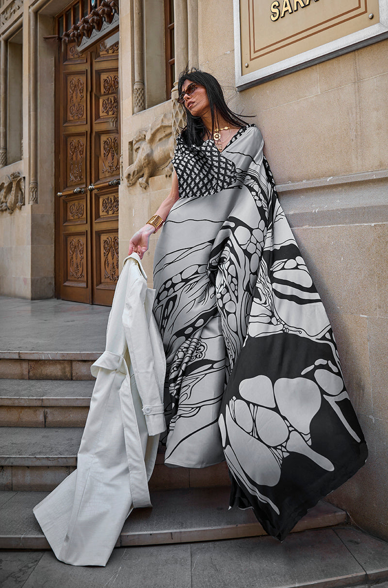 Monjolika Fashion Satin Grey And Black Printed Trendy Saree | Grocsy