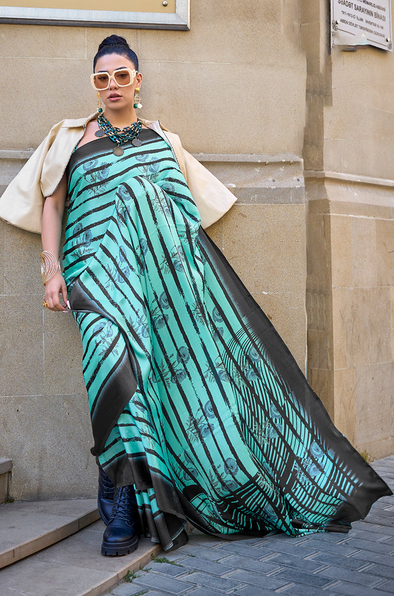 Monjolika Fashion Satin Turquoise Printed Trendy Saree | Grocsy