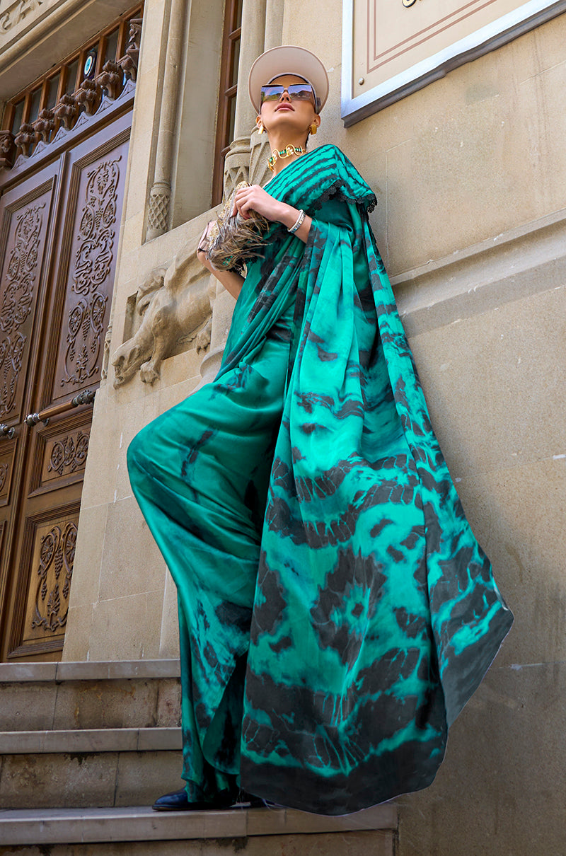 Monjolika Fashion Satin Teal Printed Trendy Saree | Grocsy