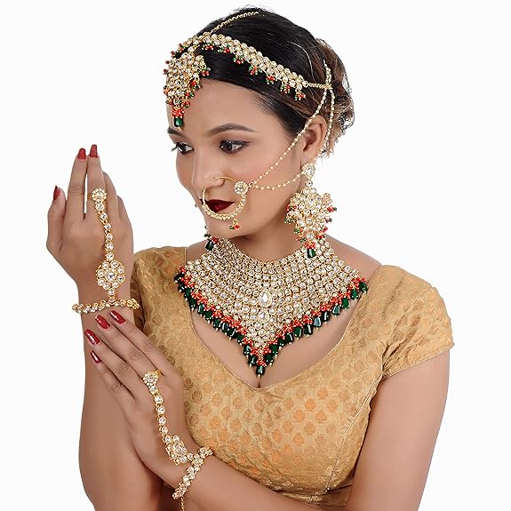 Tehzeeb Creations Traditional Gold-Polished Designer Multi Color Dulhan Choker Kundan Bridal Set | Grocsy