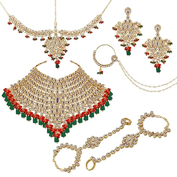 Tehzeeb Creations Traditional Gold-Polished Designer Multi Color Dulhan Choker Kundan Bridal Set | Grocsy