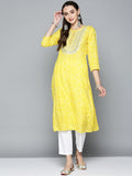 HERE&NOW Women Yellow & White Ethnic Motifs Printed Embroidered Work Kurta | Grocsy