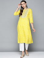 HERE&NOW Women Yellow & White Ethnic Motifs Printed Embroidered Work Kurta | Grocsy