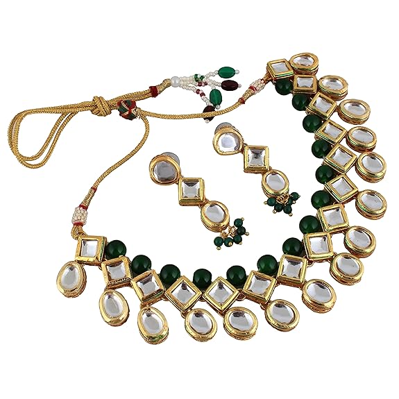 Tehzeeb Creations Back Meenakari Gold-Polished Green Color Earring Jewellery Set Uncut Kundan Big Faux Kundan Dibbi Kundan Choker Necklace Set | Grocsy