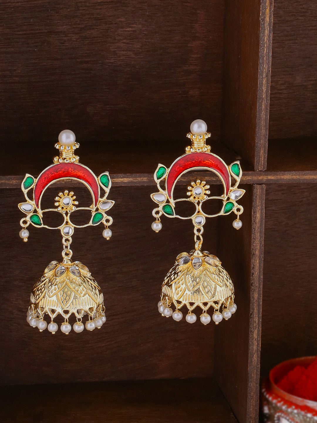 Shoshaa Gold-Polished & Red Enamelled Classic Jhumkas | Grocsy