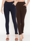 TAG 7 Women Navy Blue & Brown Pack Of 2 Solid Comfort-Fit Ankle-Length Leggings | Grocsy
