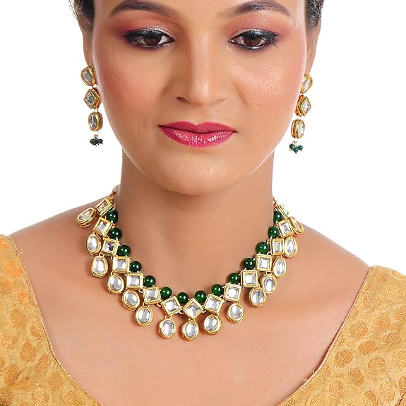Tehzeeb Creations Back Meenakari Gold-Polished Green Color Earring Jewellery Set Uncut Kundan Big Faux Kundan Dibbi Kundan Choker Necklace Set | Grocsy