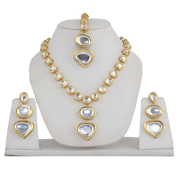 Tehzeeb Creations Back Meenakari Gold-Polished White Color Tika Earring Jewellery Set Uncut Kundan Big Faux Kundan Dibbi Kundan Choker Necklace Set | Grocsy