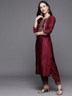 Indo Era Women Magenta Ethnic Motifs Embroidered Kurta with Trousers & With Dupatta | Grocsy