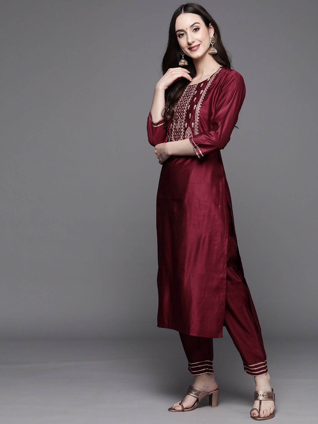 Indo Era Women Magenta Ethnic Motifs Embroidered Kurta with Trousers & With Dupatta | Grocsy