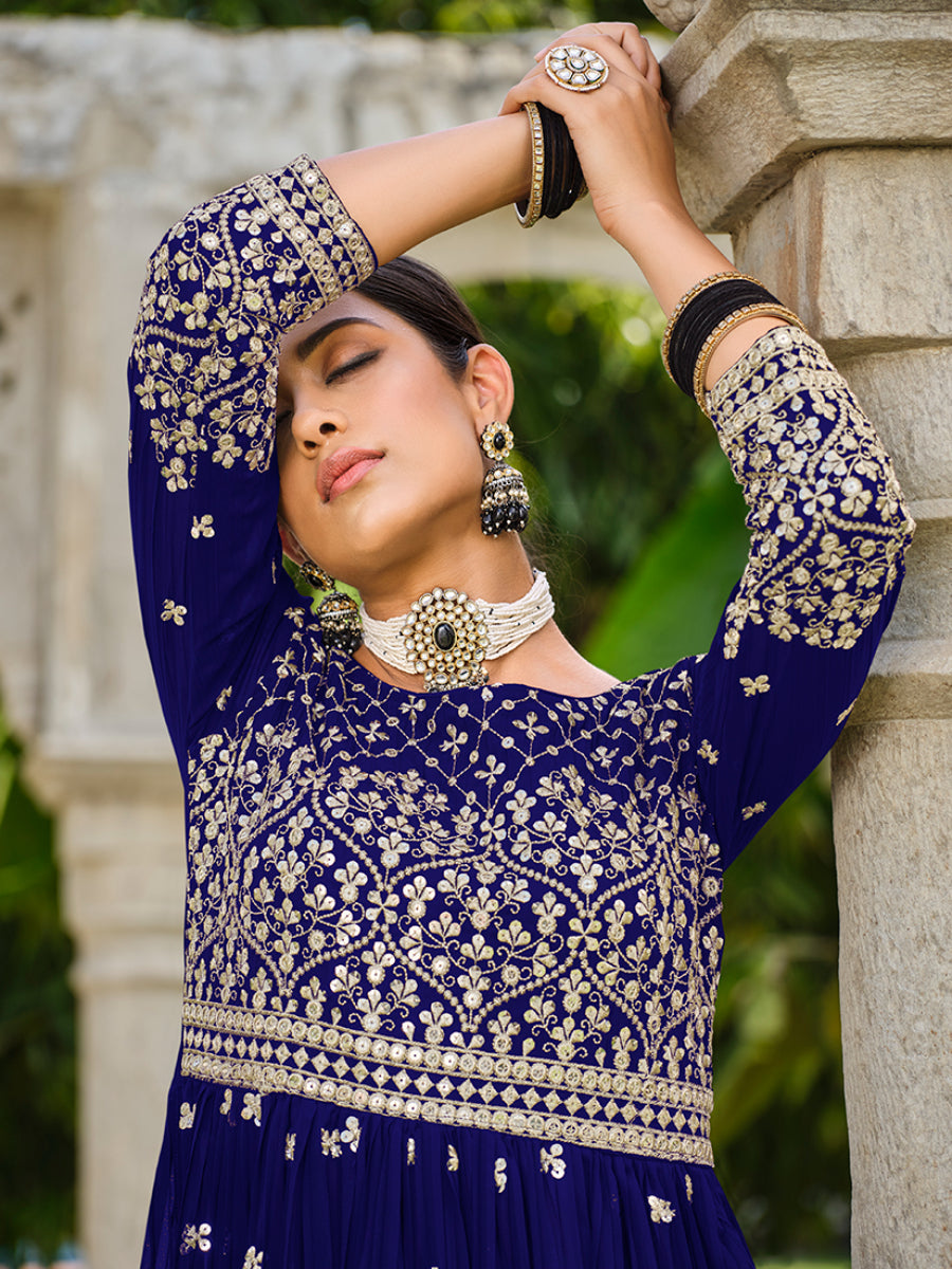 Monjolika Fashion Navy Blue Color Georgette Sequins Work Palazzo Salwar Suit | Grocsy