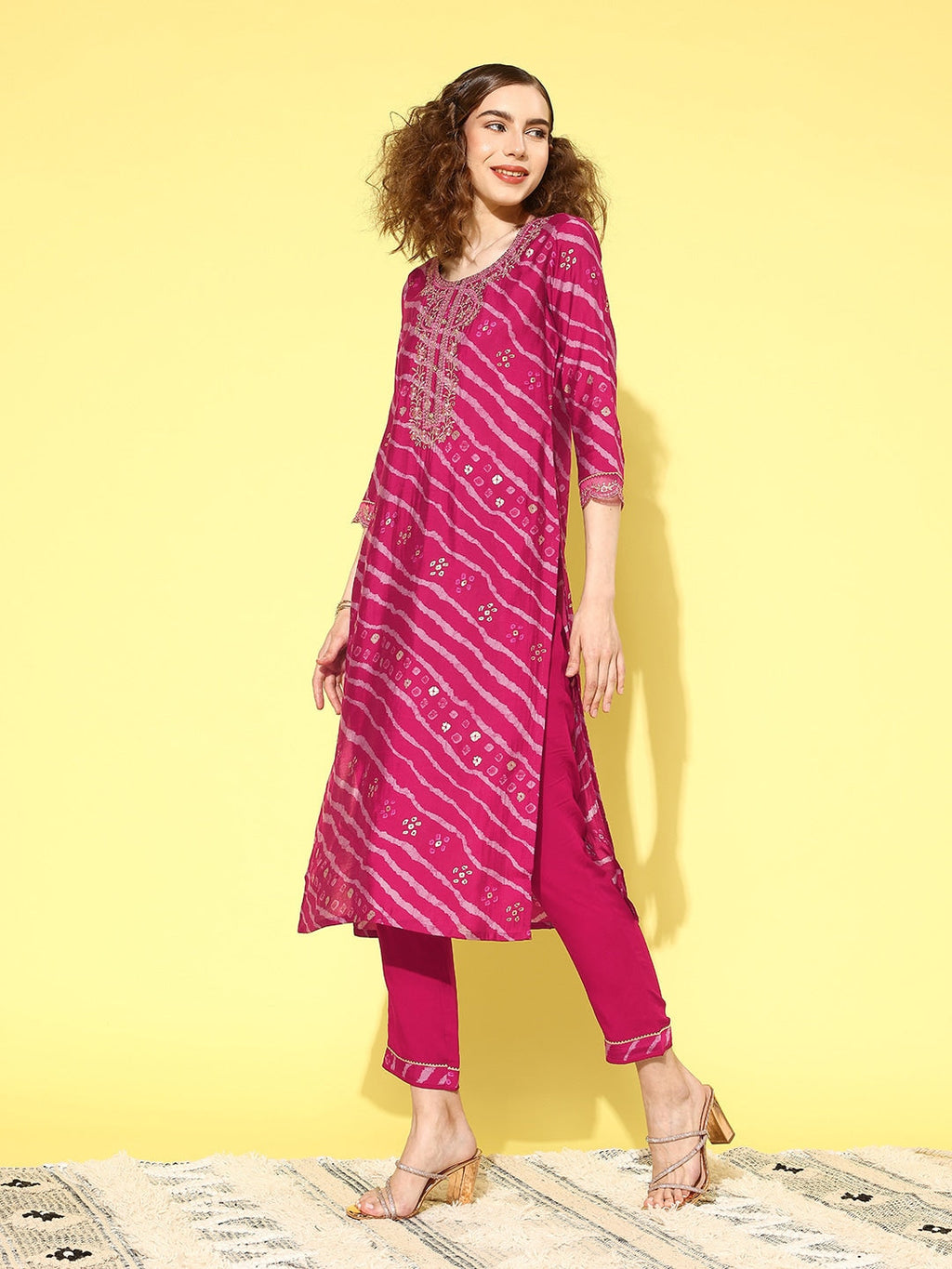 Sangria Women Leheriya Printed Regular Thread Work Kurta with Trousers & With Dupatta | Grocsy
