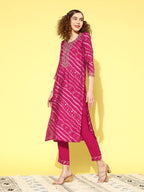Sangria Women Leheriya Printed Regular Thread Work Kurta with Trousers & With Dupatta | Grocsy