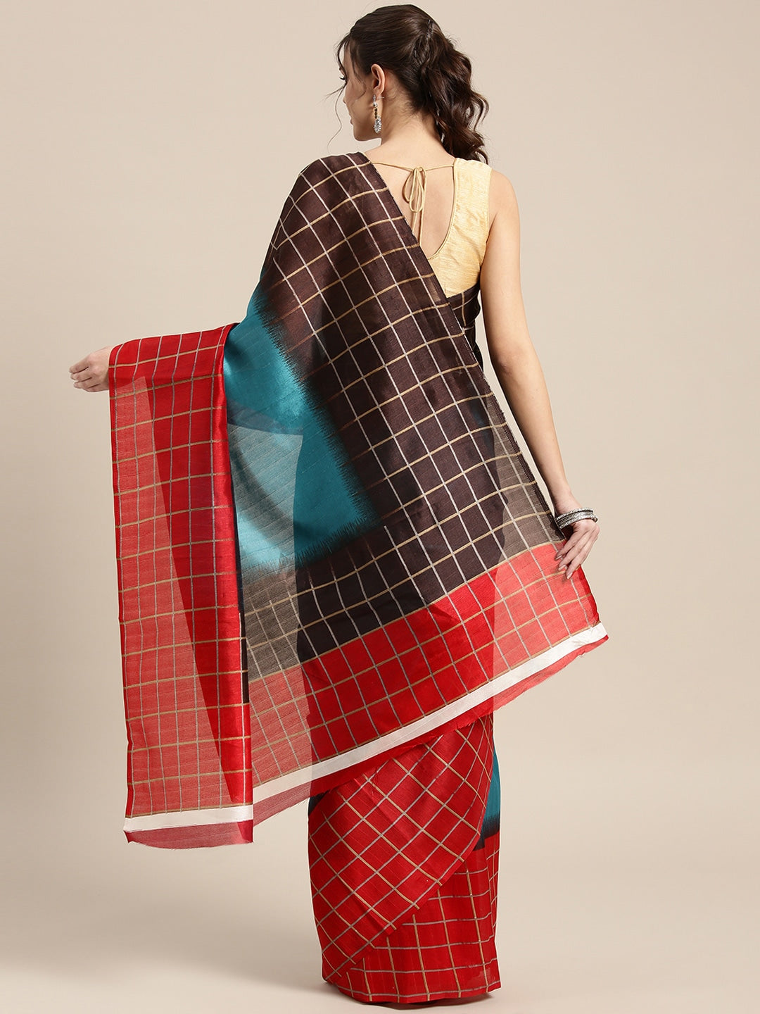 Saree Mall Blue & Red Checked Bhagalpuri Saree | Grocsy