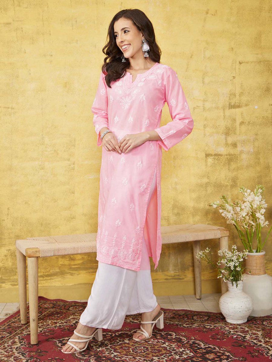 ADA Women Pink & White Chikankari Embroidered Straight Sustainable Handloom Kurta | Grocsy
